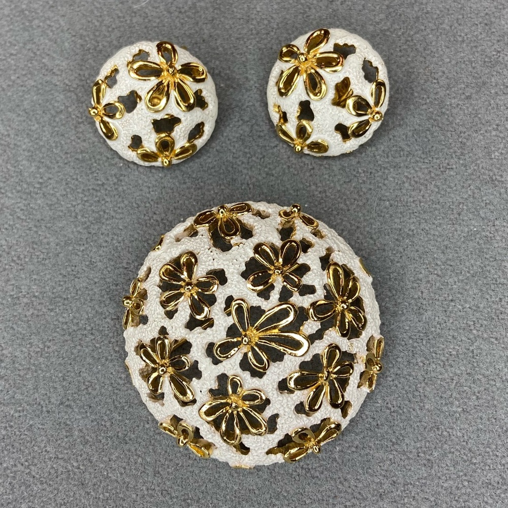 Trifari Earrings and Brooch white and gold